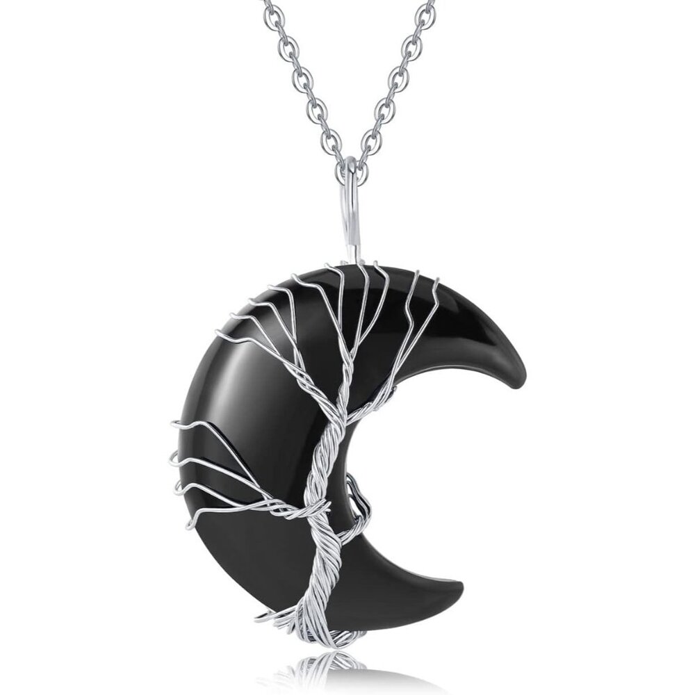 Women's Black Crescent Moon Tree Wire Wrapped Crystal Natural Gemstone Necklace
